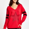 Women's Red Jumper with Sparkly Star & Stripes, V-neck, Long Sleeves, Exposed Metal Zip, Black & Silver Studs - Liquorish
