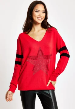 Women's Red Jumper with Sparkly Star & Stripes, V-neck, Long Sleeves, Exposed Metal Zip, Black & Silver Studs - Liquorish