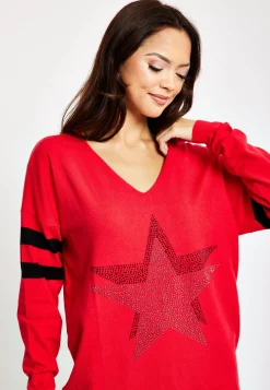 Women's Red Jumper with Sparkly Star & Stripes, V-neck, Long Sleeves, Exposed Metal Zip, Black & Silver Studs - Liquorish