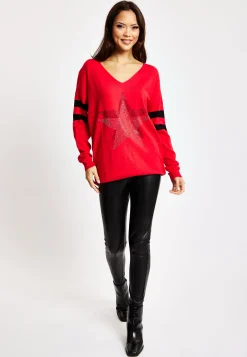 Women's Red Jumper with Sparkly Star & Stripes, V-neck, Long Sleeves, Exposed Metal Zip, Black & Silver Studs - Liquorish
