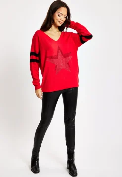 Women's Red Jumper with Sparkly Star & Stripes, V-neck, Long Sleeves, Exposed Metal Zip, Black & Silver Studs - Liquorish
