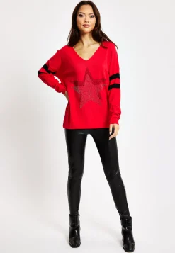 Women's Red Jumper with Sparkly Star & Stripes, V-neck, Long Sleeves, Exposed Metal Zip, Black & Silver Studs - Liquorish