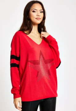 Women's Red Jumper with Sparkly Star & Stripes, V-neck, Long Sleeves, Exposed Metal Zip, Black & Silver Studs - Liquorish