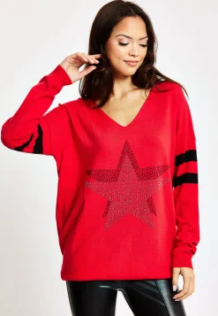 Women's Red Jumper with Sparkly Star & Stripes, V-neck, Long Sleeves, Exposed Metal Zip, Black & Silver Studs - Liquorish