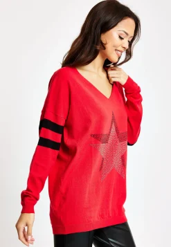 Women's Red Jumper with Sparkly Star & Stripes, V-neck, Long Sleeves, Exposed Metal Zip, Black & Silver Studs - Liquorish