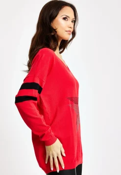 Women's Red Jumper with Sparkly Star & Stripes, V-neck, Long Sleeves, Exposed Metal Zip, Black & Silver Studs - Liquorish
