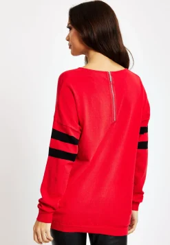 Women's Red Jumper with Sparkly Star & Stripes, V-neck, Long Sleeves, Exposed Metal Zip, Black & Silver Studs - Liquorish