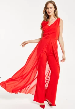 Women’s Red Sleeveless Jumpsuit with Sheer Overlay for Elegant Evening Wear - Liquorish