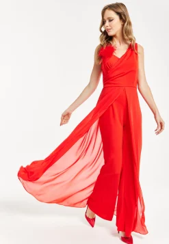 Women’s Red Sleeveless Jumpsuit with Sheer Overlay for Elegant Evening Wear - Liquorish