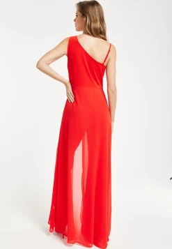 Women’s Red Sleeveless Jumpsuit with Sheer Overlay for Elegant Evening Wear - Liquorish