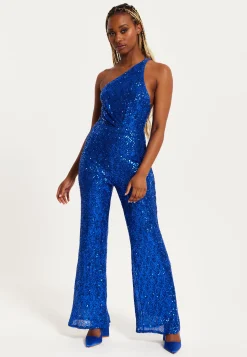 Women's Royal Blue One Shoulder Sequin Jersey Jumpsuit with Backless Design, Elasticated Waist, and Slim Fit