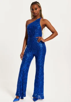 Women's Royal Blue One Shoulder Sequin Jersey Jumpsuit with Backless Design, Elasticated Waist, and Slim Fit