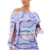 Women's Ruffle Long Sleeve Off The Shoulder Top With Sleeve Slits in Lilac - Abstract Print, Crop Fit