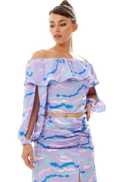Women's Ruffle Long Sleeve Off The Shoulder Top With Sleeve Slits in Lilac - Abstract Print, Crop Fit