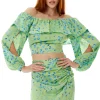 Women’s Ruffle Long Sleeve Off The Shoulder Top in Green & Blue Animal Print with Sleeve Slits - Crop Fit