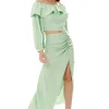 Women's Ruffle Long Sleeve Off Shoulder Top With Sleeve Slits In Mint Green