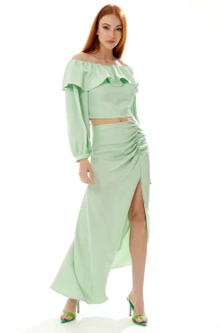 Women's Ruffle Long Sleeve Off Shoulder Top With Sleeve Slits In Mint Green