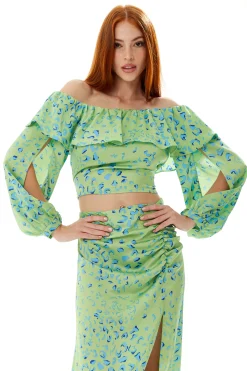 Women’s Ruffle Long Sleeve Off The Shoulder Top in Green & Blue Animal Print with Sleeve Slits - Crop Fit