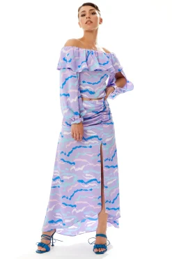 Women's Ruffle Long Sleeve Off The Shoulder Top With Sleeve Slits in Lilac - Abstract Print, Crop Fit