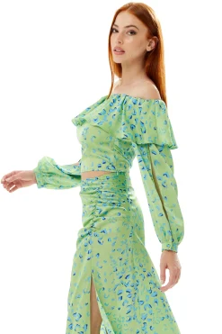 Women’s Ruffle Long Sleeve Off The Shoulder Top in Green & Blue Animal Print with Sleeve Slits - Crop Fit