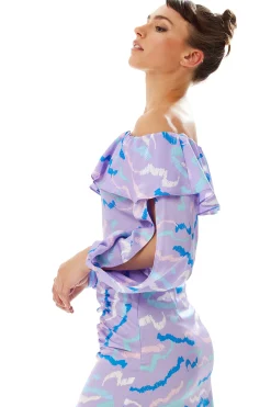 Women's Ruffle Long Sleeve Off The Shoulder Top With Sleeve Slits in Lilac - Abstract Print, Crop Fit