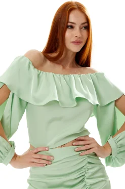 Women's Ruffle Long Sleeve Off Shoulder Top With Sleeve Slits In Mint Green