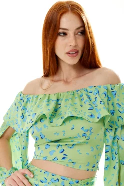 Women’s Ruffle Long Sleeve Off The Shoulder Top in Green & Blue Animal Print with Sleeve Slits - Crop Fit