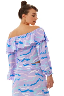 Women's Ruffle Long Sleeve Off The Shoulder Top With Sleeve Slits in Lilac - Abstract Print, Crop Fit