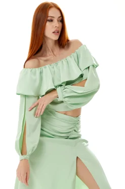 Women's Ruffle Long Sleeve Off Shoulder Top With Sleeve Slits In Mint Green