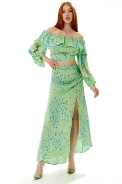 Women’s Ruffle Long Sleeve Off The Shoulder Top in Green & Blue Animal Print with Sleeve Slits - Crop Fit