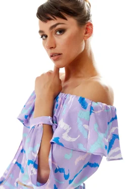Women's Ruffle Long Sleeve Off The Shoulder Top With Sleeve Slits in Lilac - Abstract Print, Crop Fit