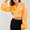 Women’s Satin Wrap Top in Orange - Crop length, collar, full length sleeves, regular fit, available in sizes 8-12.