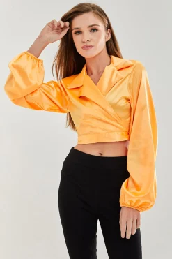 Women’s Satin Wrap Top in Orange - Crop length, collar, full length sleeves, regular fit, available in sizes 8-12.