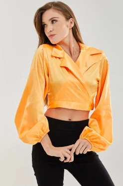 Women’s Satin Wrap Top in Orange - Crop length, collar, full length sleeves, regular fit, available in sizes 8-12.