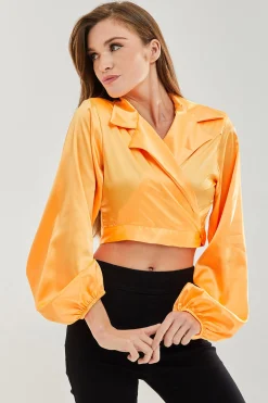 Women’s Satin Wrap Top in Orange - Crop length, collar, full length sleeves, regular fit, available in sizes 8-12.