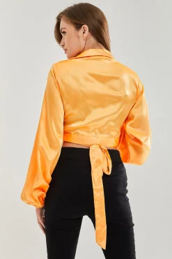 Women’s Satin Wrap Top in Orange - Crop length, collar, full length sleeves, regular fit, available in sizes 8-12.