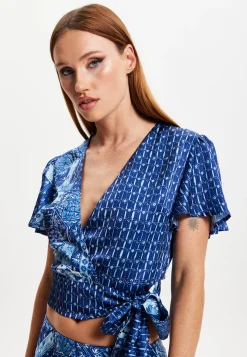 Women's Scarf Print Angel Sleeve Wrap Top with Tie Detail, Regular Fit and Elegant Design