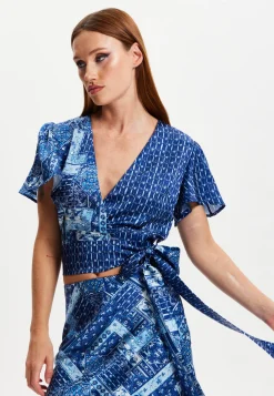 Women's Scarf Print Angel Sleeve Wrap Top with Tie Detail, Regular Fit and Elegant Design