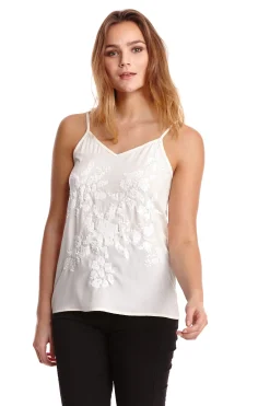Women's Sequin Cream Cami Top with Spaghetti Straps, Loose Fit, Embroidered Detailing, Perfect for Stylish Outings