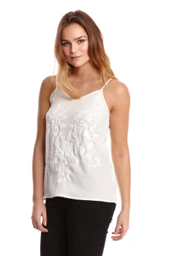 Women's Sequin Cream Cami Top with Spaghetti Straps, Loose Fit, Embroidered Detailing, Perfect for Stylish Outings