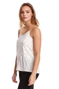 Women's Sequin Cream Cami Top with Spaghetti Straps, Loose Fit, Embroidered Detailing, Perfect for Stylish Outings