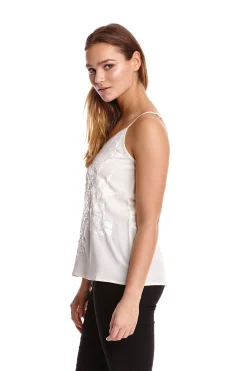 Women's Sequin Cream Cami Top with Spaghetti Straps, Loose Fit, Embroidered Detailing, Perfect for Stylish Outings