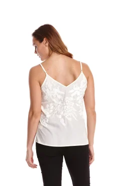 Women's Sequin Cream Cami Top with Spaghetti Straps, Loose Fit, Embroidered Detailing, Perfect for Stylish Outings