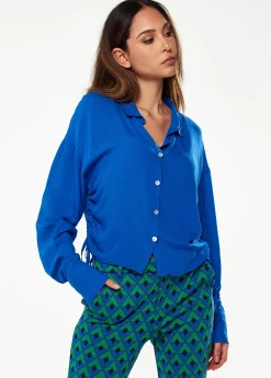 Women's Shirt in Blue with Side Drawstring Detail, Balloon Sleeves & Classic Collar - Regular Fit