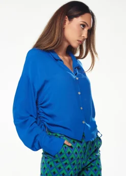 Women's Shirt in Blue with Side Drawstring Detail, Balloon Sleeves & Classic Collar - Regular Fit
