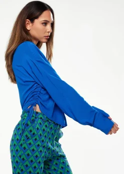 Women's Shirt in Blue with Side Drawstring Detail, Balloon Sleeves & Classic Collar - Regular Fit