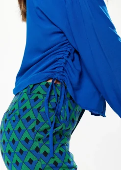 Women's Shirt in Blue with Side Drawstring Detail, Balloon Sleeves & Classic Collar - Regular Fit
