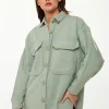 Women’s Shirt Jacket with Oversized Pocket Details in Green - Button Up, Shirt Collar, Full-Length Sleeves, Oversized Fit