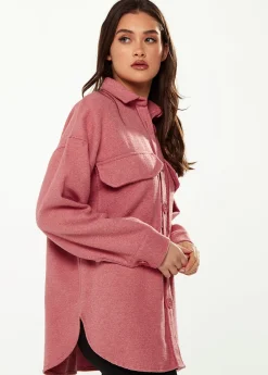 Women’s Shirt Jacket with Oversized Pocket in Pink - Classic Button-Up, Collar, Full-Length Sleeves, Oversized Fit