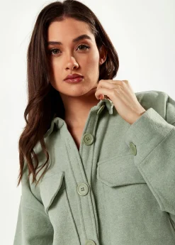 Women’s Shirt Jacket with Oversized Pocket Details in Green - Button Up, Shirt Collar, Full-Length Sleeves, Oversized Fit